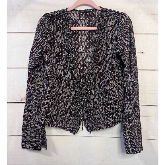 ZARA Size MED Top Tie Front Long Sleeves Black Pink Green Print CUTE! - Picture 1 of 4